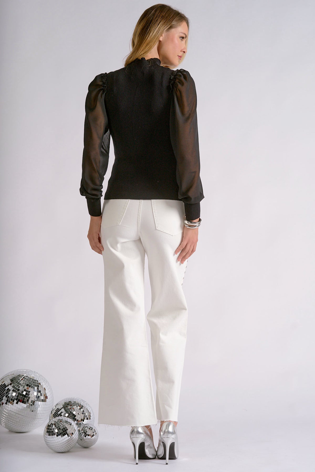 Sheer Sleeve Mock Neck Blouse