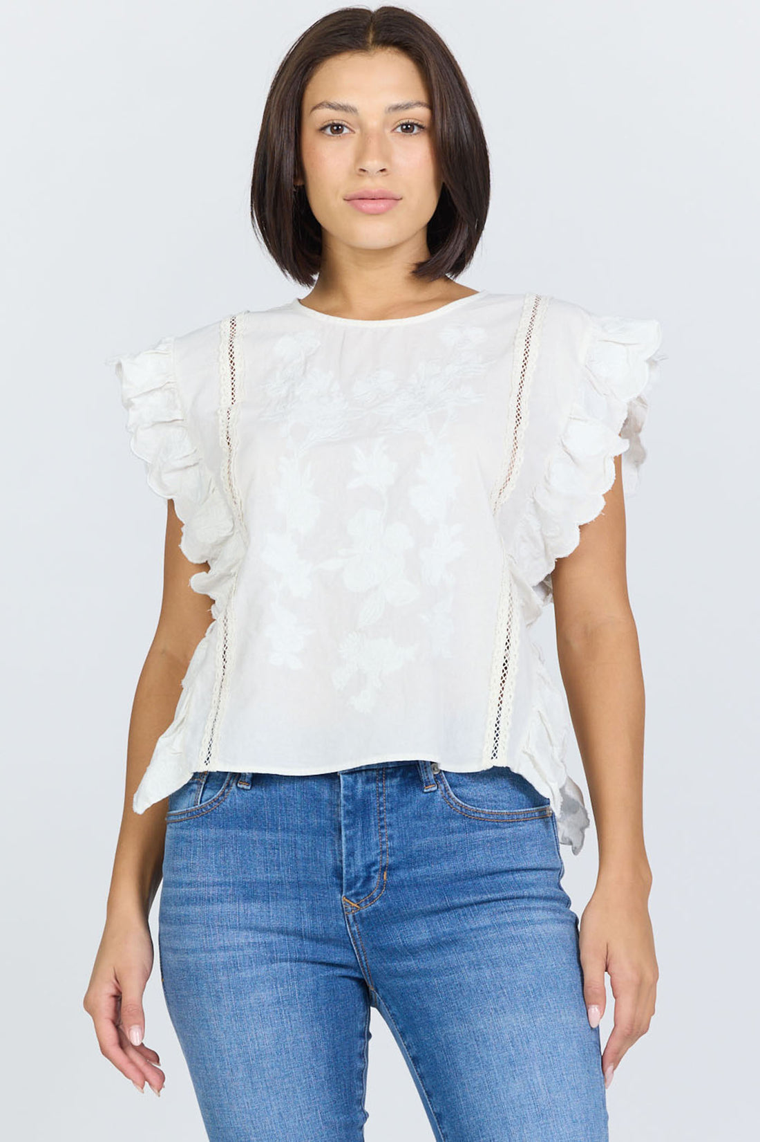 Cotton Embroidered Ruffle Top