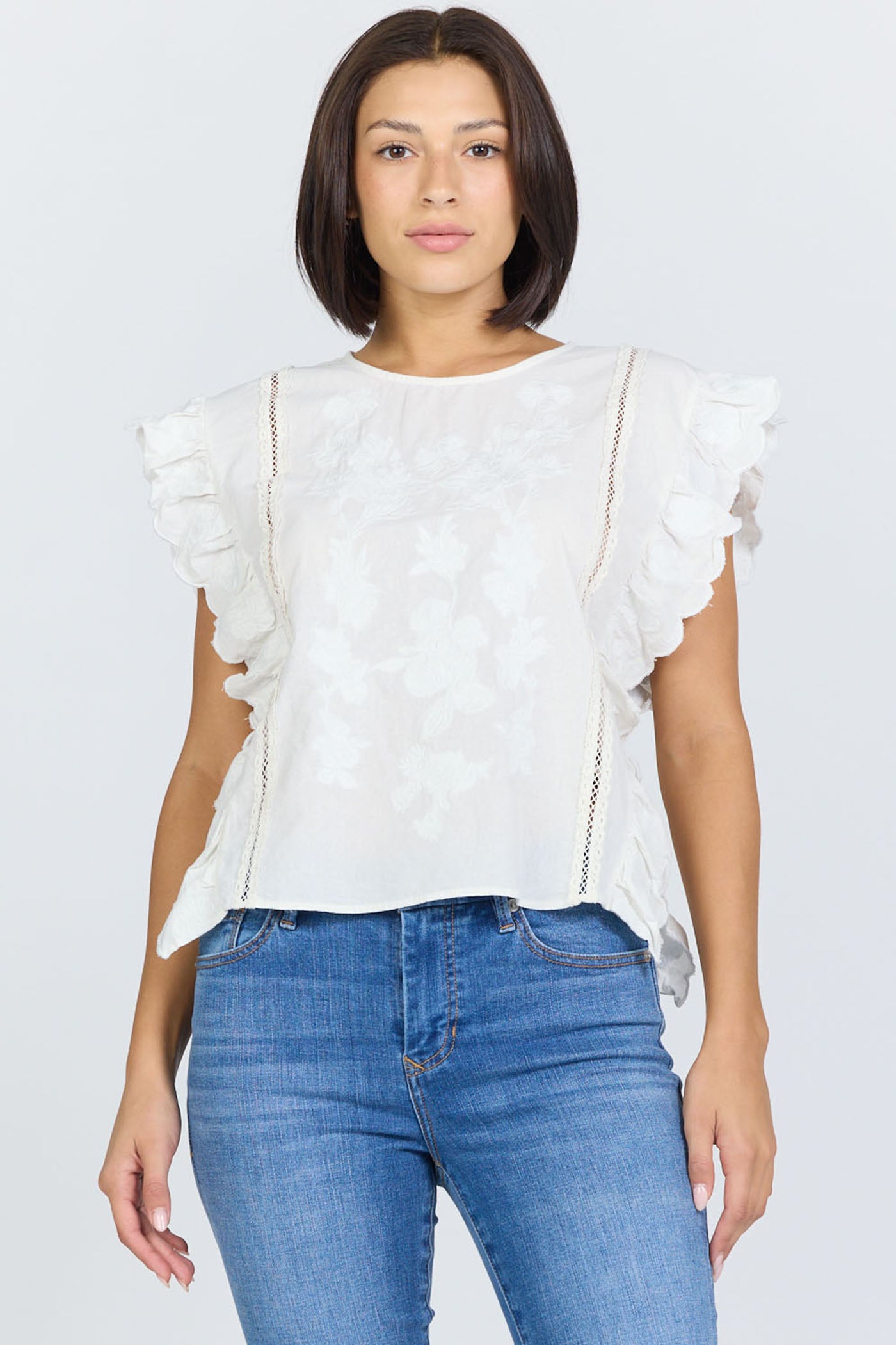 Cotton Embroidered Ruffle Top