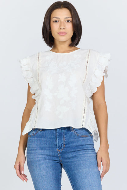 Cotton Embroidered Ruffle Top