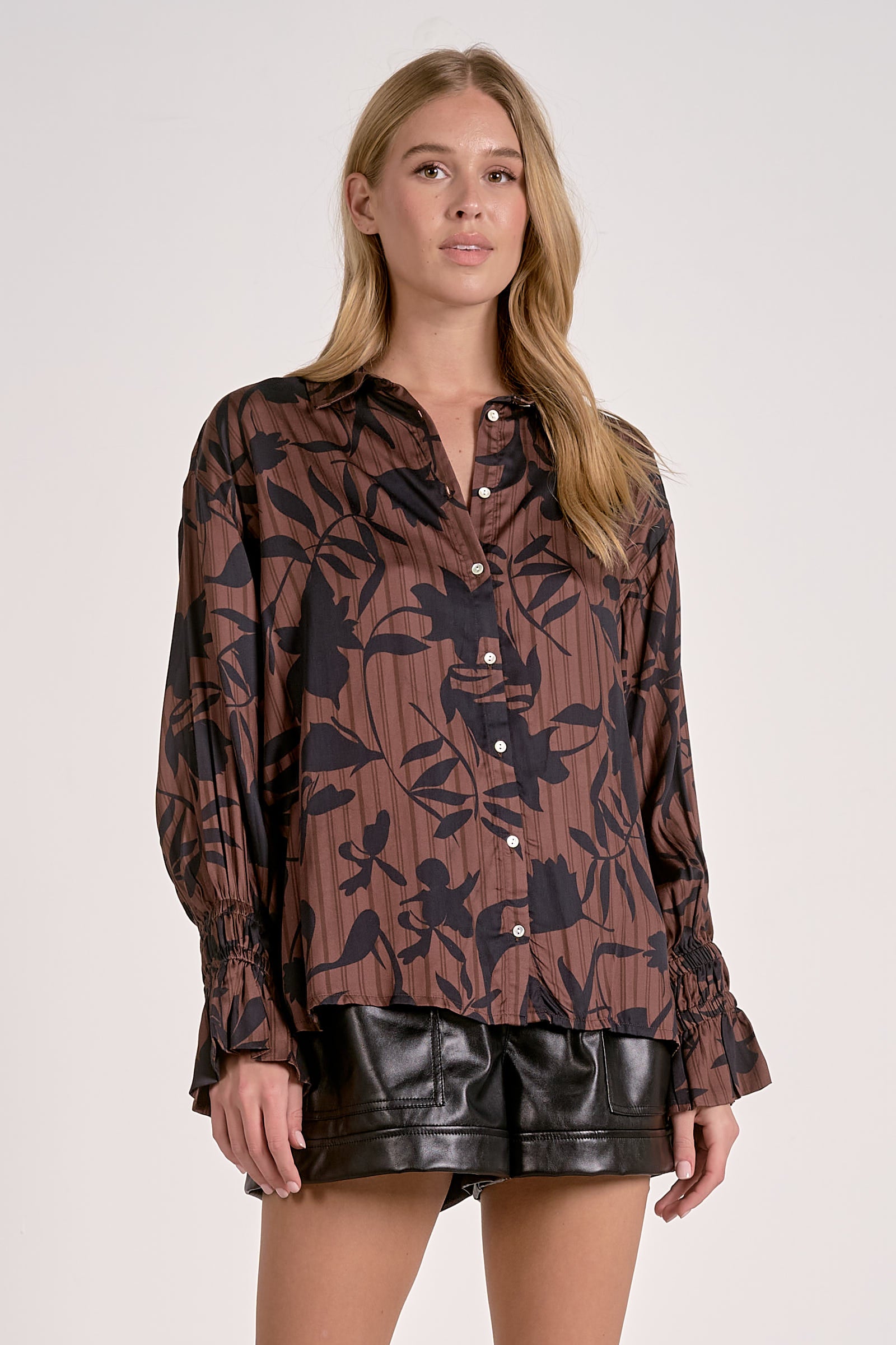 Brown Foliage Flair Sleeve Button Down