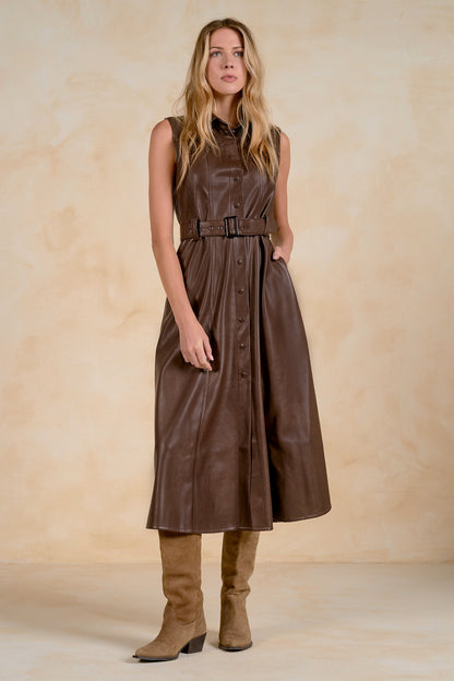 Sleeveless Belted Leather Midi Dress