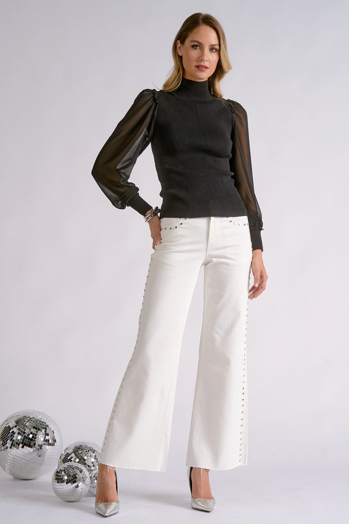 Sheer Sleeve Mock Neck Blouse