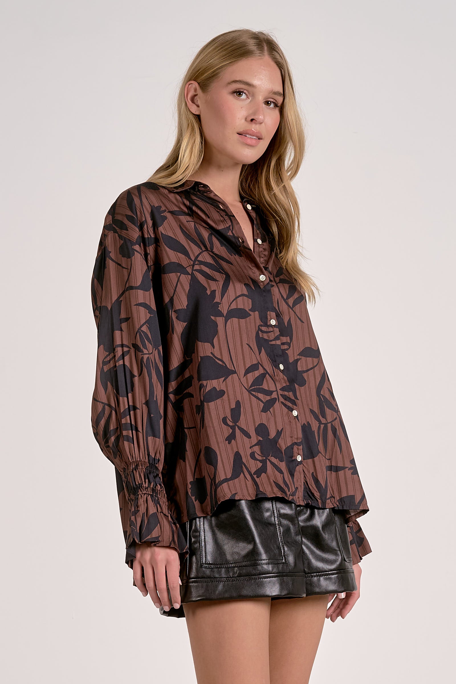 Brown Foliage Flair Sleeve Button Down