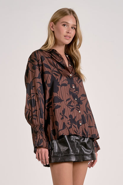 Brown Foliage Flair Sleeve Button Down