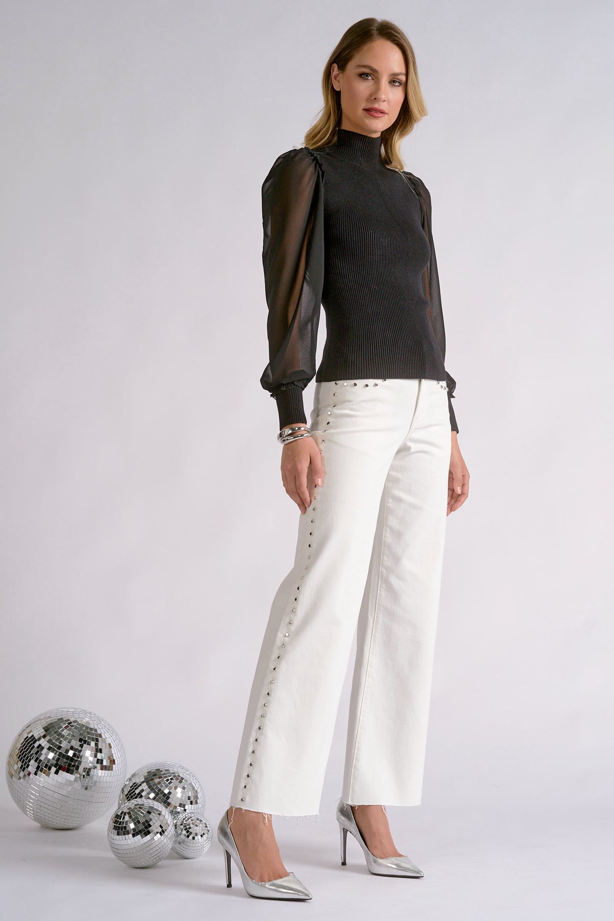 Sheer Sleeve Mock Neck Blouse