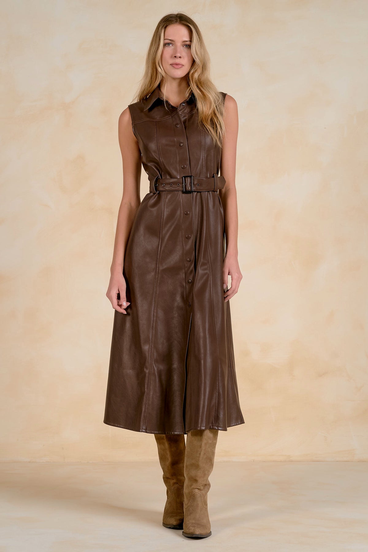 Sleeveless Belted Leather Midi Dress