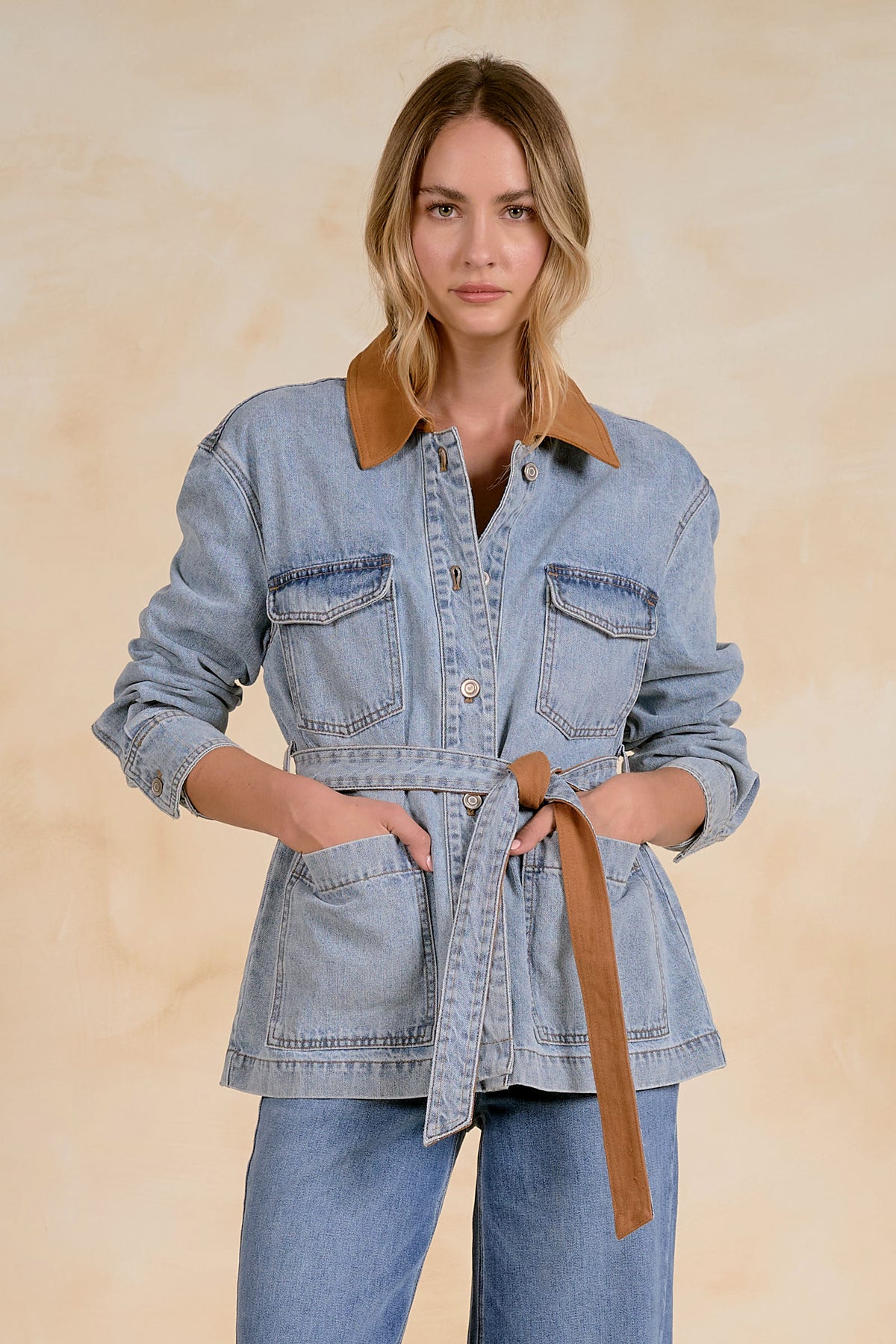Contrast Collar Belted Denim Jacket
