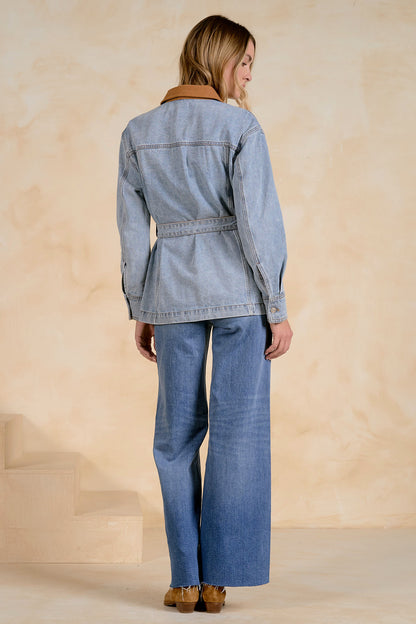 Contrast Collar Belted Denim Jacket