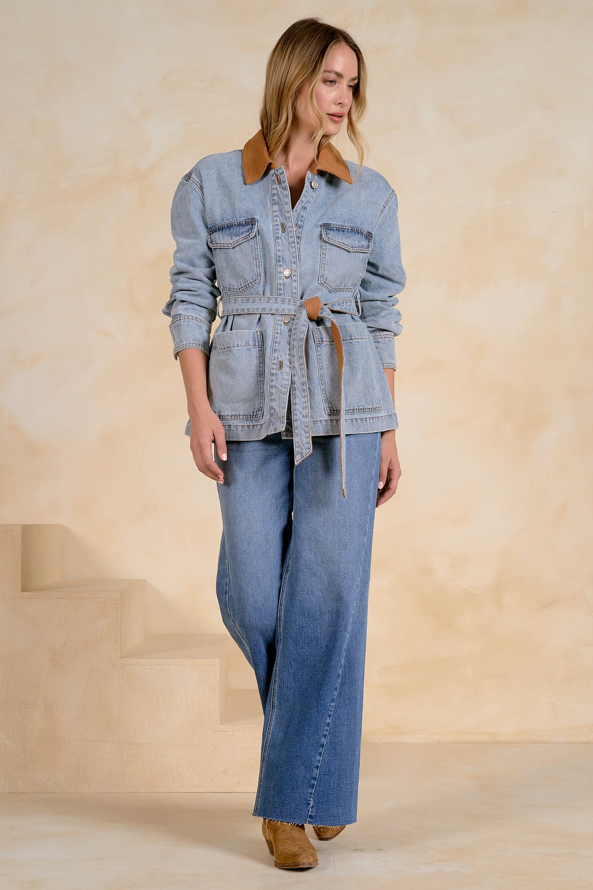 Contrast Collar Belted Denim Jacket