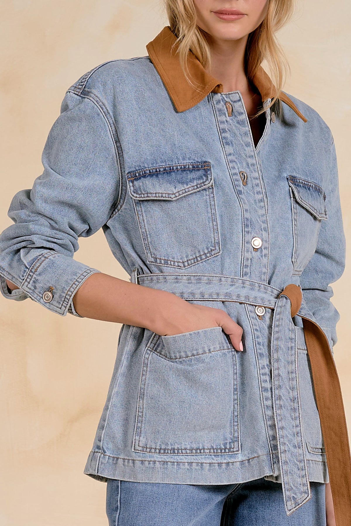 Contrast Collar Belted Denim Jacket