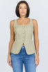 Front view of a woman wearing a sage green linen-blend sleeveless vest with a button front and blue jeans.