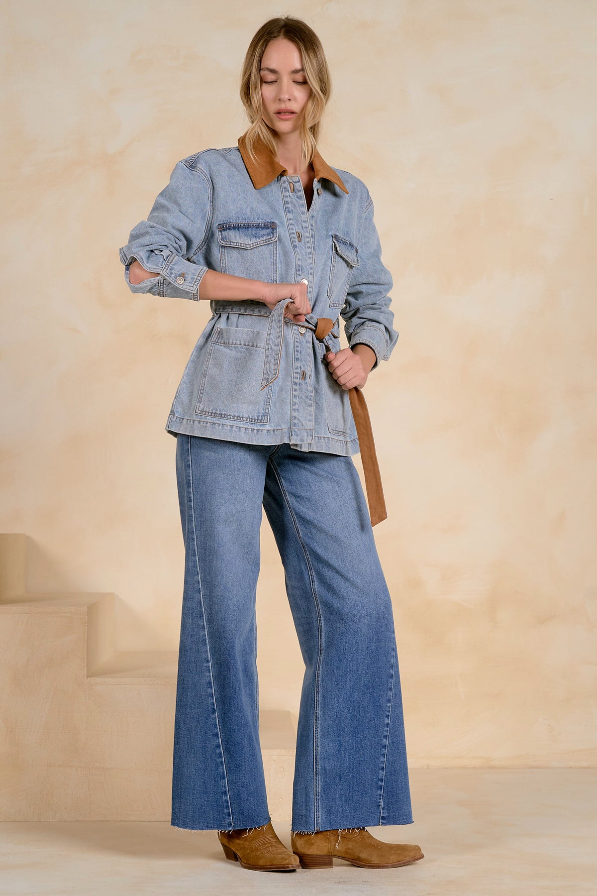 Contrast Collar Belted Denim Jacket