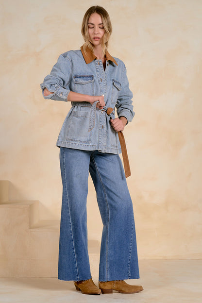 Contrast Collar Belted Denim Jacket