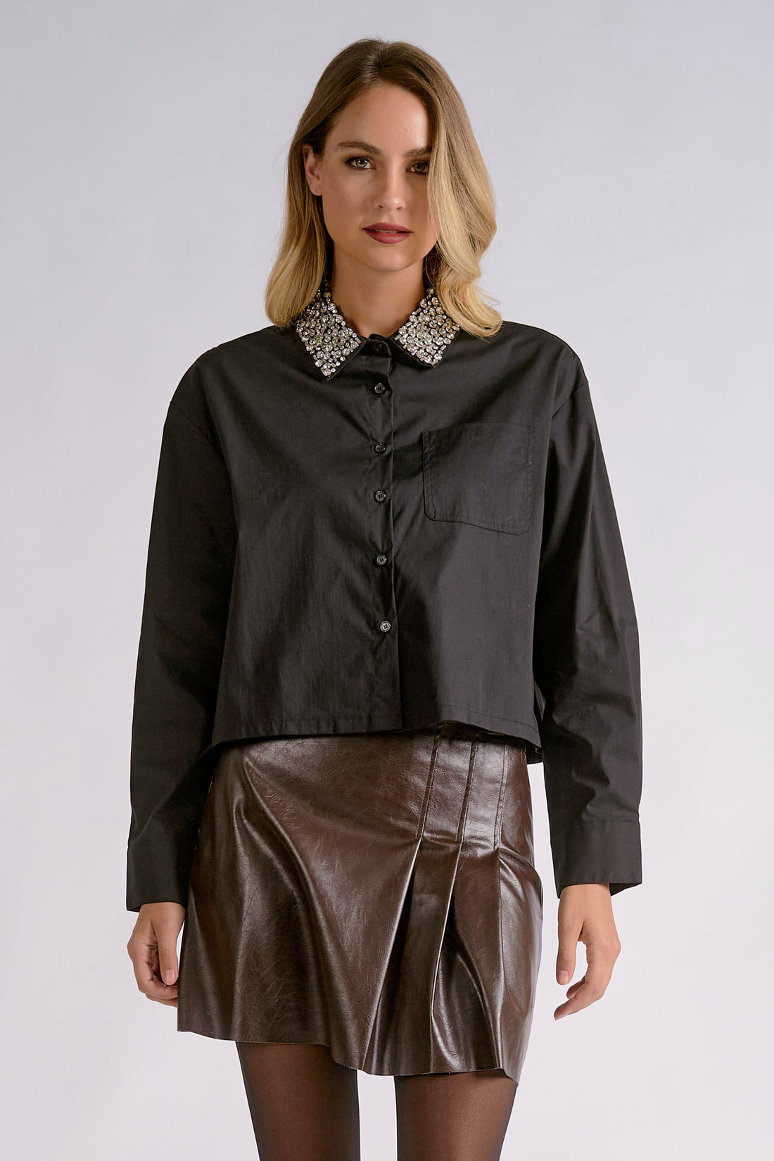 Sparkly Bedazzled Collar Button-Up Top