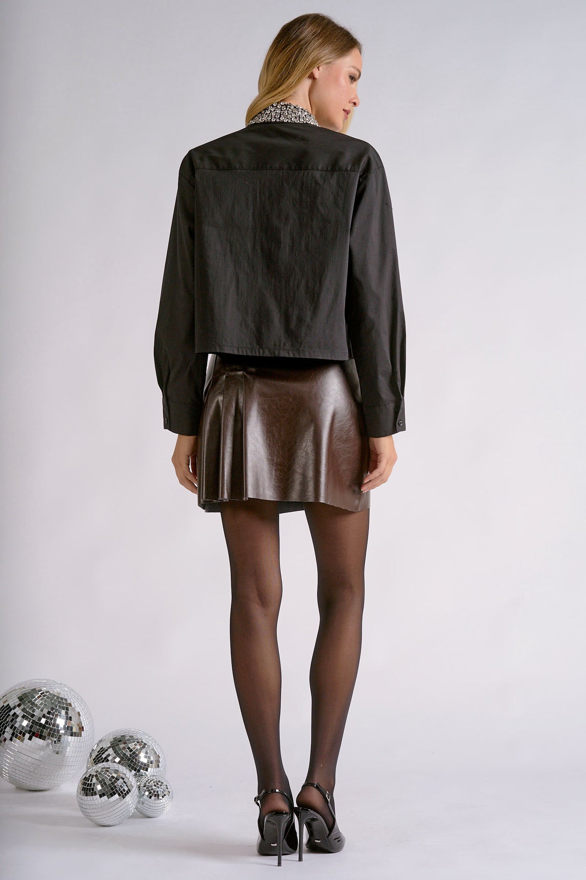 Sparkly Bedazzled Collar Button-Up Top
