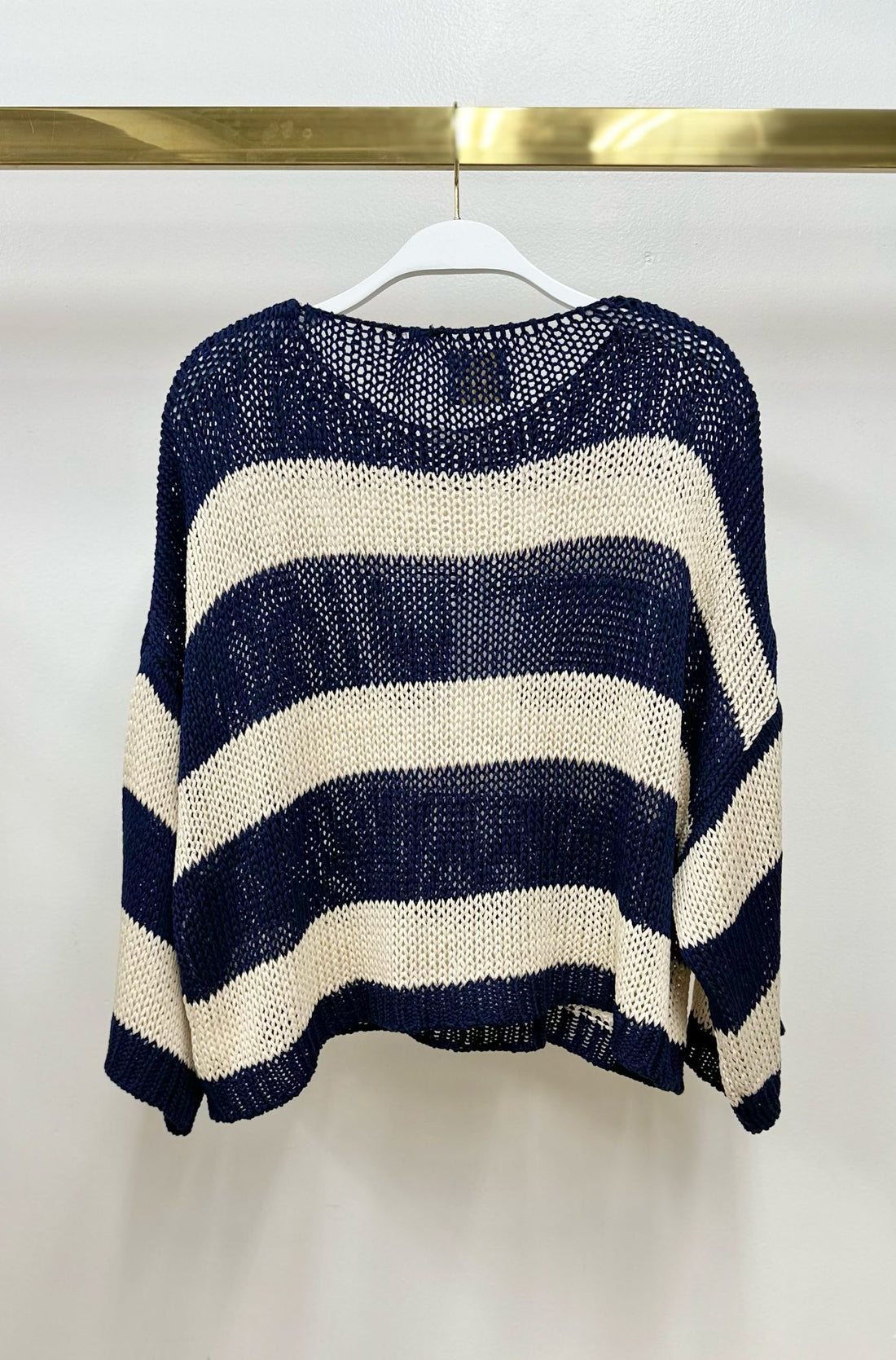 Striped Crew Neck Open Knit Crochet Top
