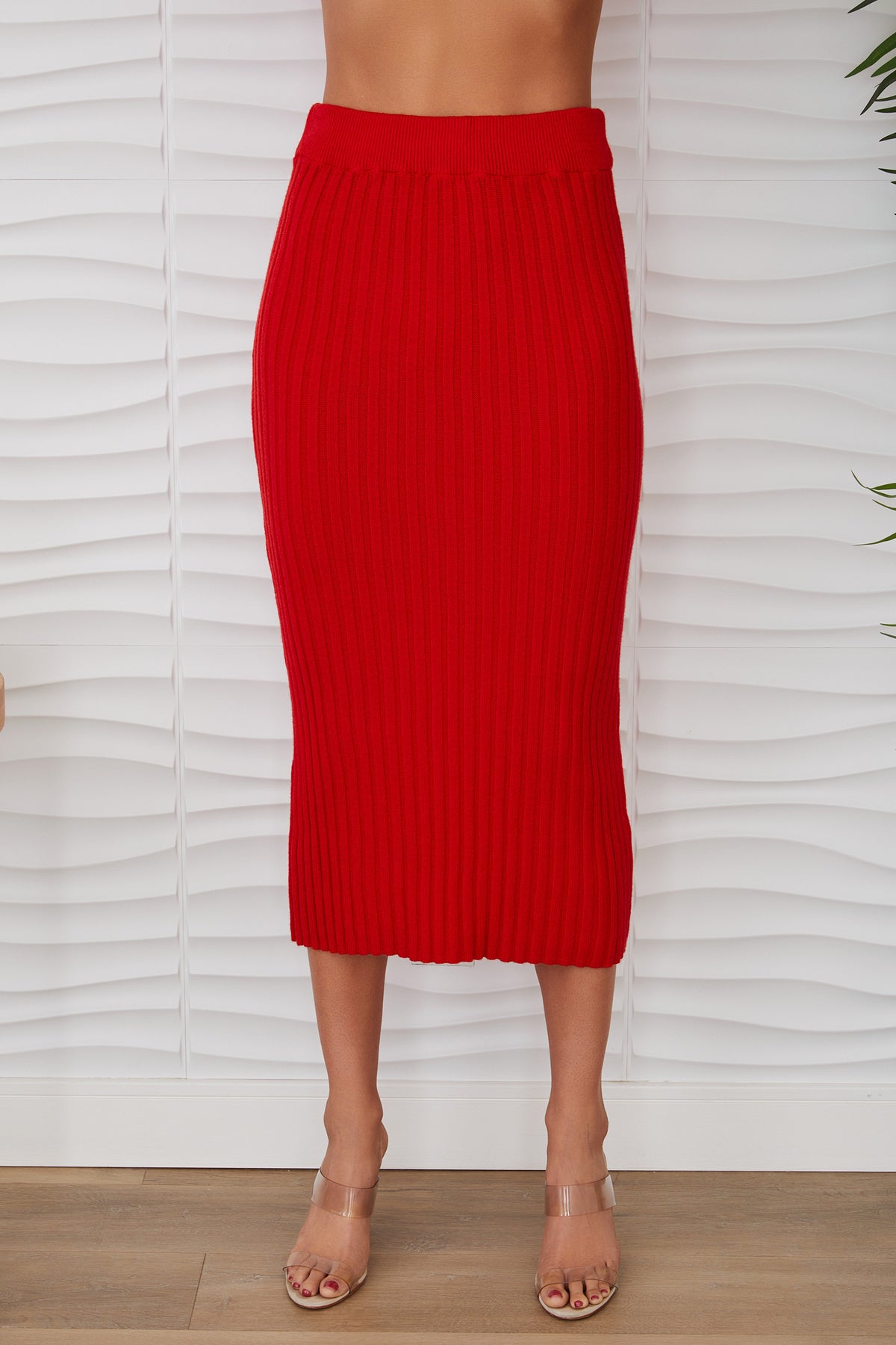 Italian Knit Ribbed Fitted Mid Length Skirt