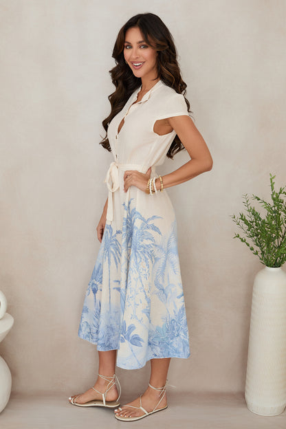 Tropical Palm Tree Button-Down Midi Dress with Tie