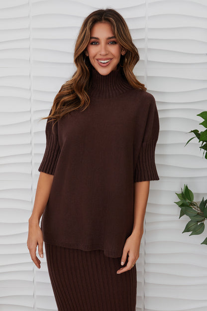 Rib Contrast Turtleneck Short Sleeve Knit Top