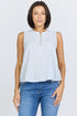 Front view of a woman with a dark bob haircut wearing a sleeveless blue and white striped cotton-blend top with a button-up Henley neck and blue jeans.