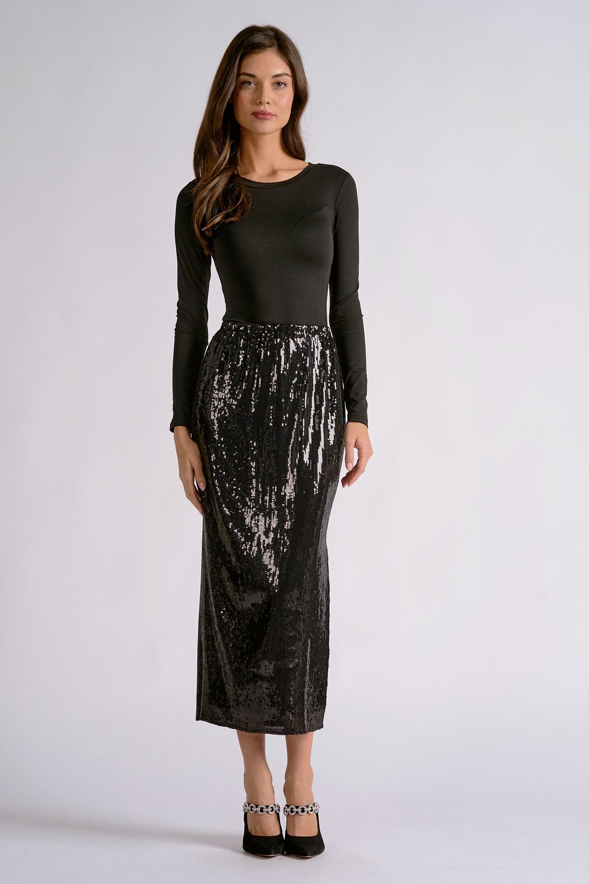 Sparkly Black Sequin Midi Skirt