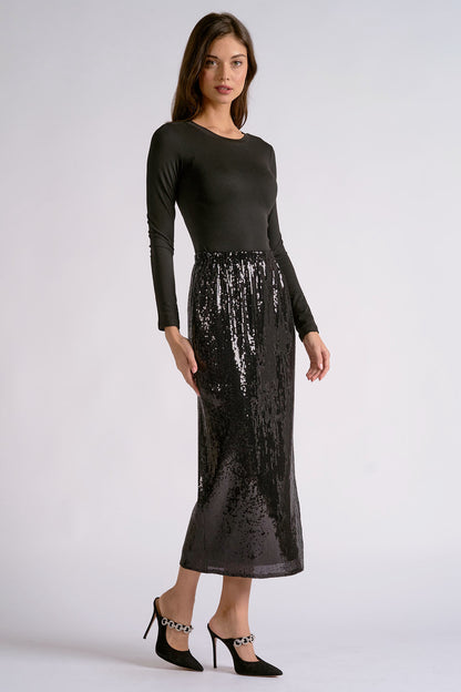 Sparkly Black Sequin Midi Skirt