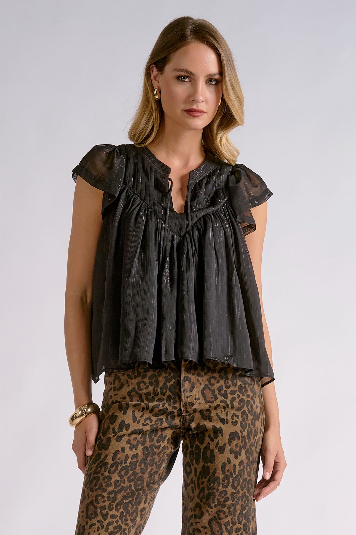 Sparkly Shimmer Flutter-Sleeve Blouse