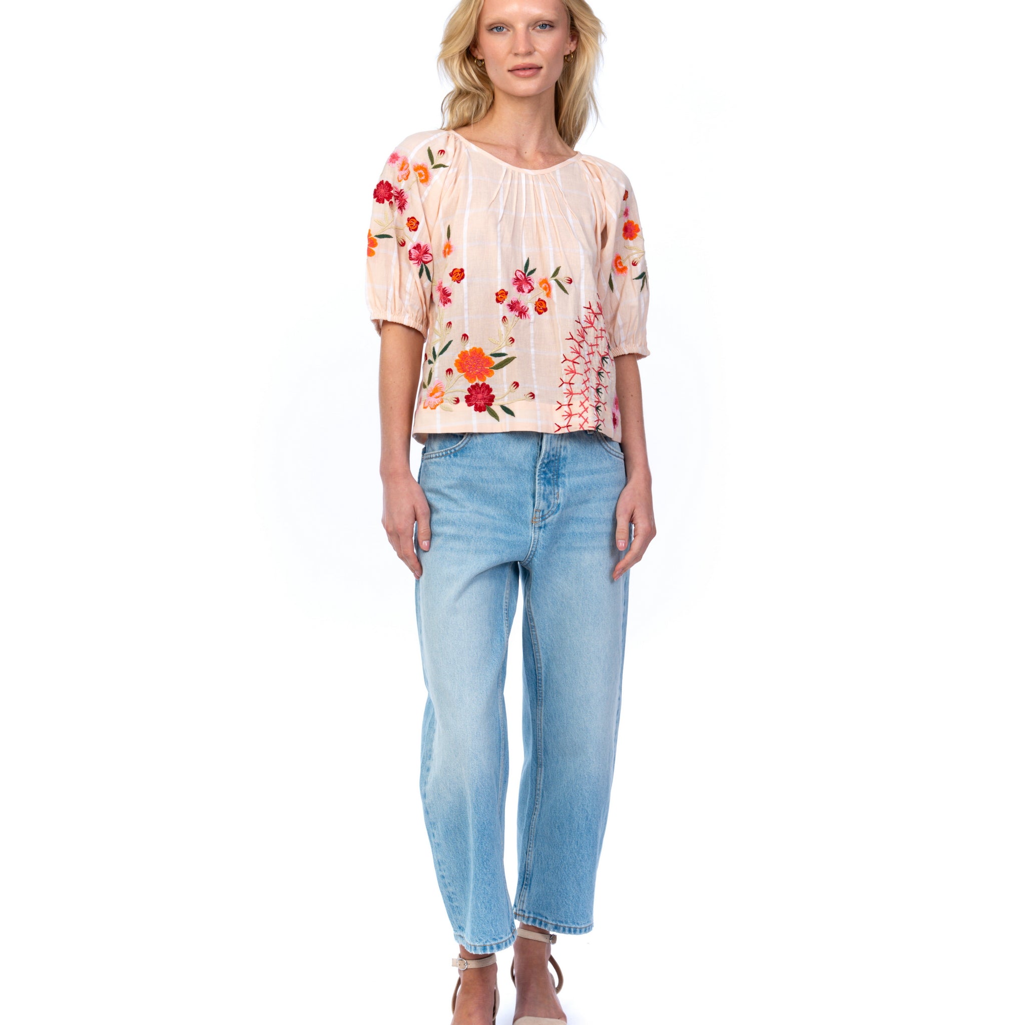 Peach Windowpane Embroidered Blouse