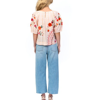 Peach Windowpane Embroidered Blouse