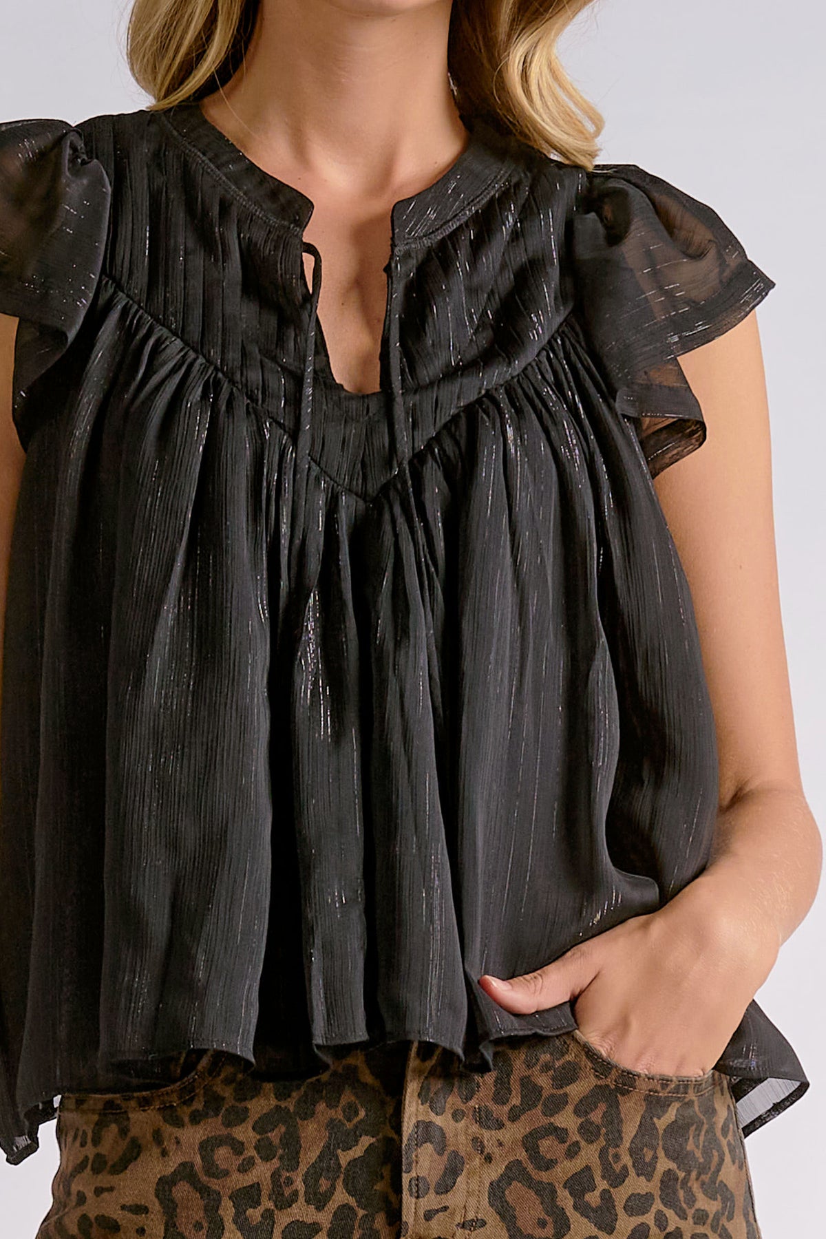 Sparkly Shimmer Flutter-Sleeve Blouse