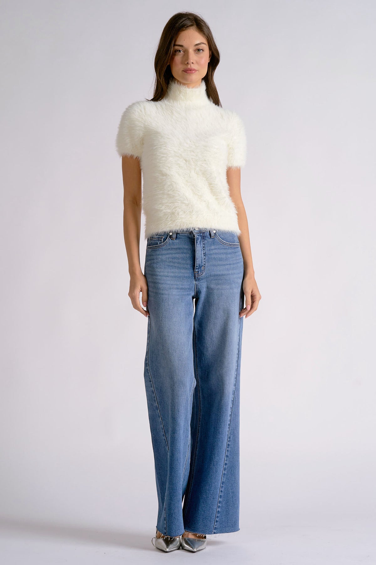 Fur Short-Sleeve Turtleneck Sweater