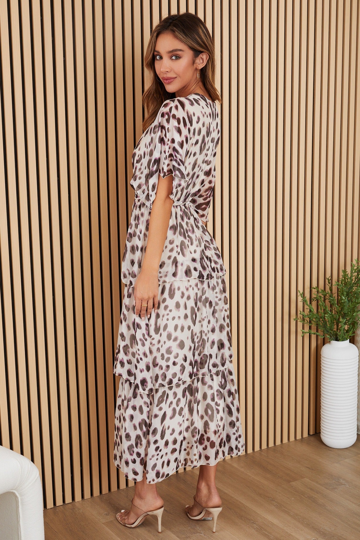 Leopard Empire Waist Tiered Silk Dress with Sash