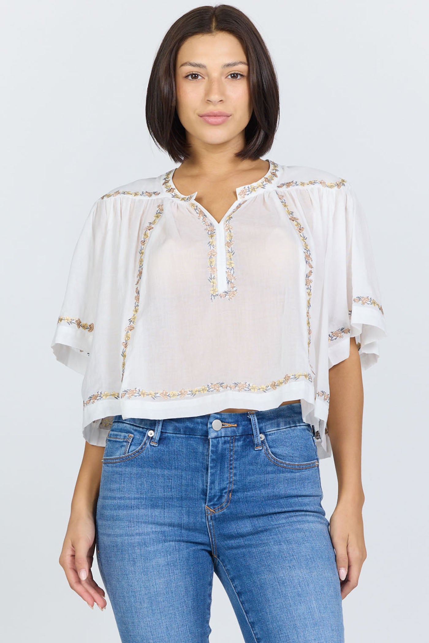 Embroidered Split-Neck Peasant Top