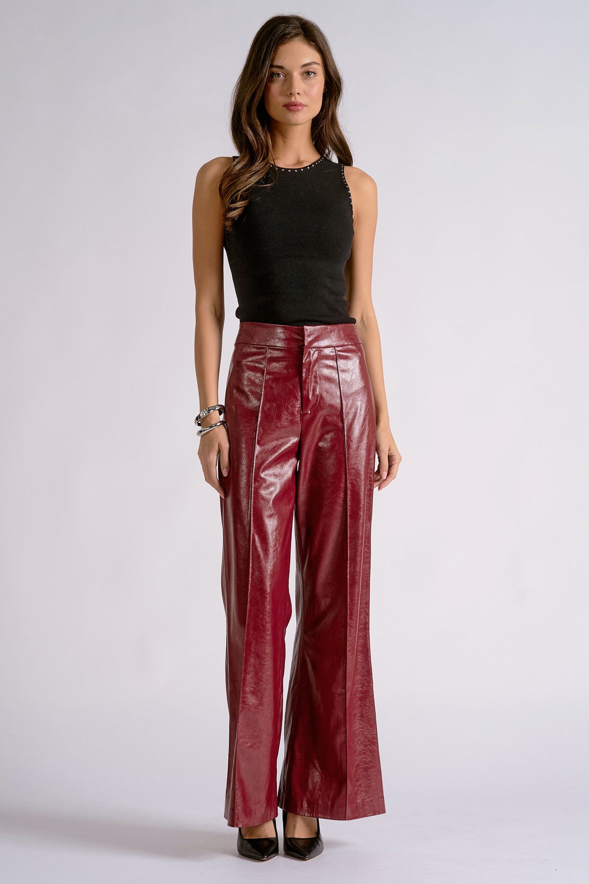 Bold Red Leather Flare Pants