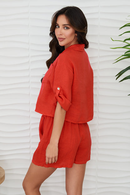 Linen Button Up Roll-Tab Sleeve Top with Front Pocket