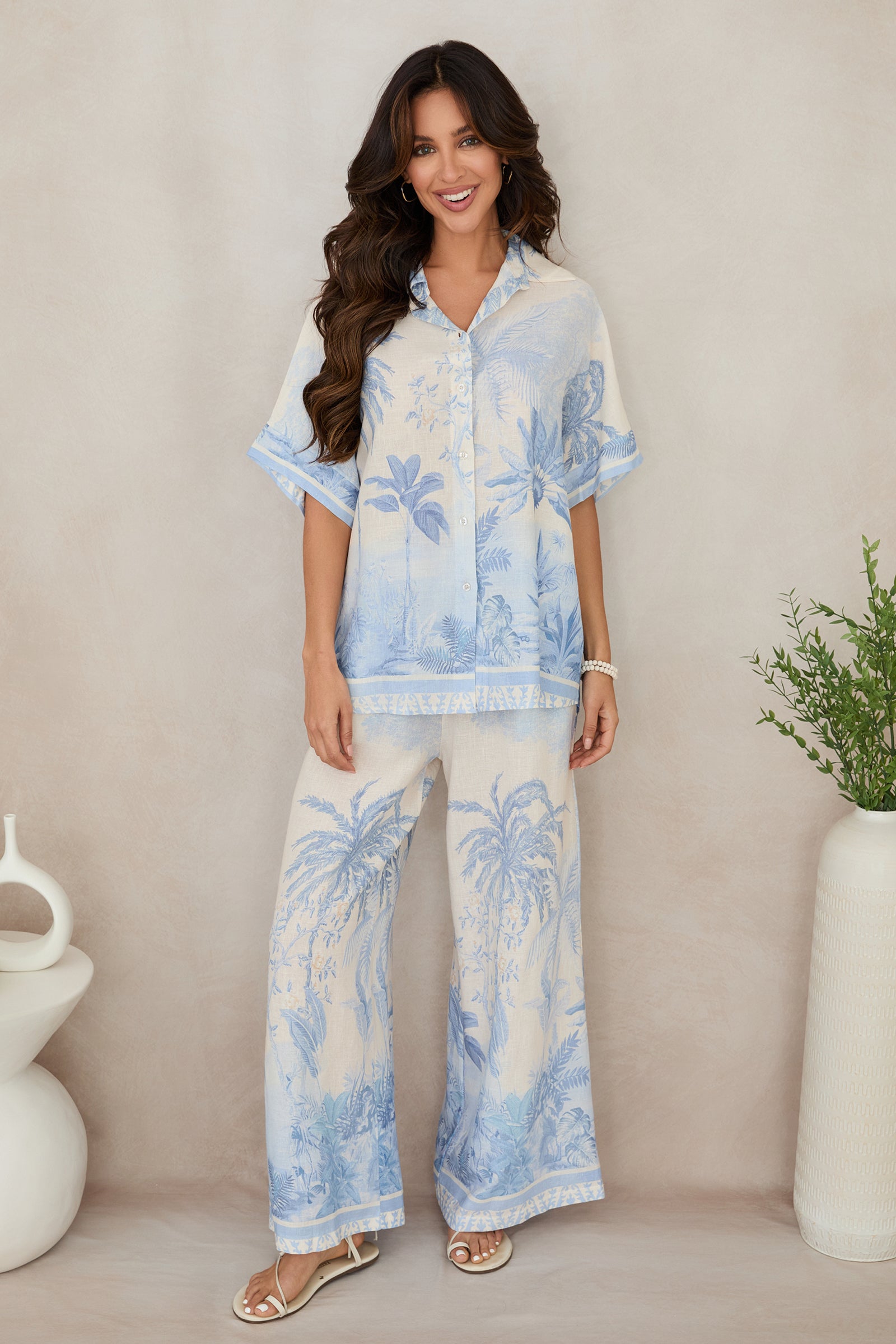 Tropical Palm Tree Wide-Leg Linen Pants