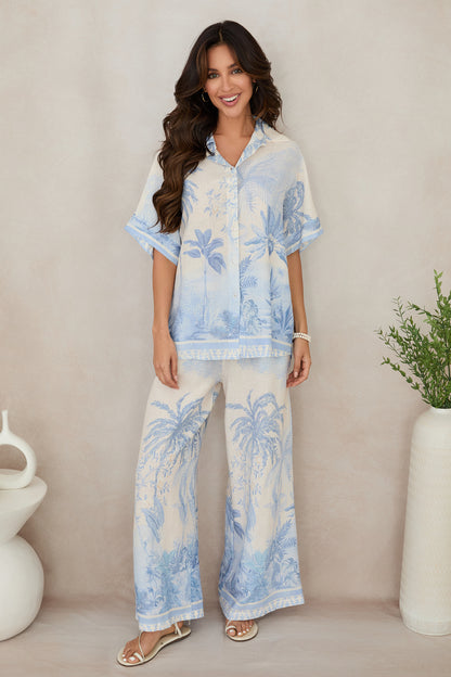 Tropical Palm Tree Wide-Leg Linen Pants
