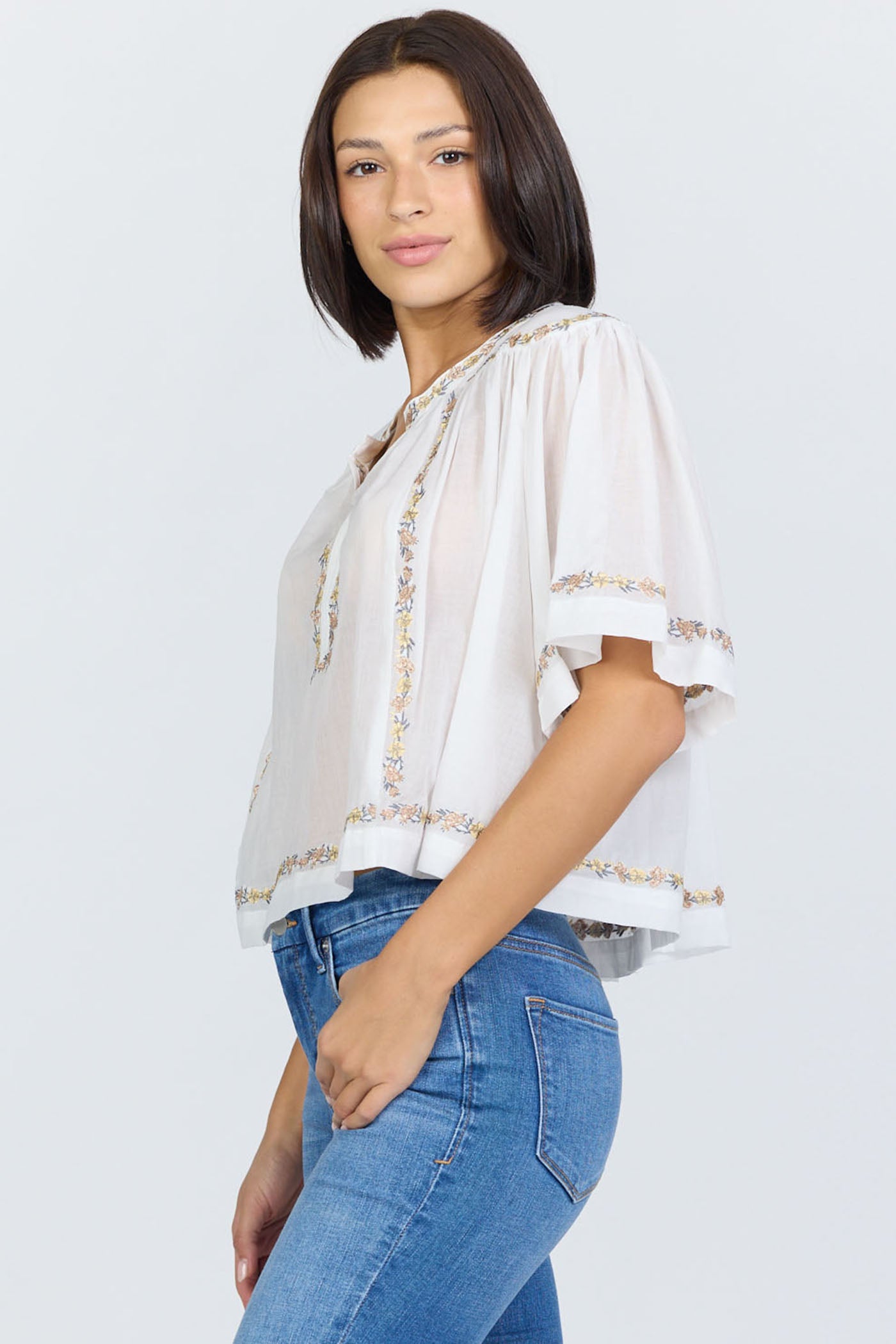 Embroidered Split-Neck Peasant Top