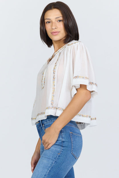 Embroidered Split-Neck Peasant Top