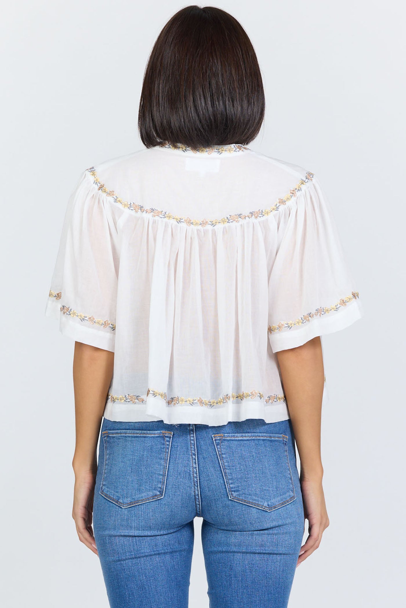 Embroidered Split-Neck Peasant Top