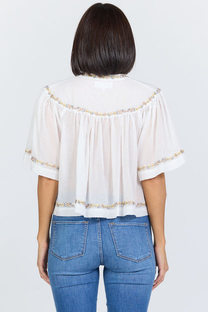 Embroidered Split-Neck Peasant Top