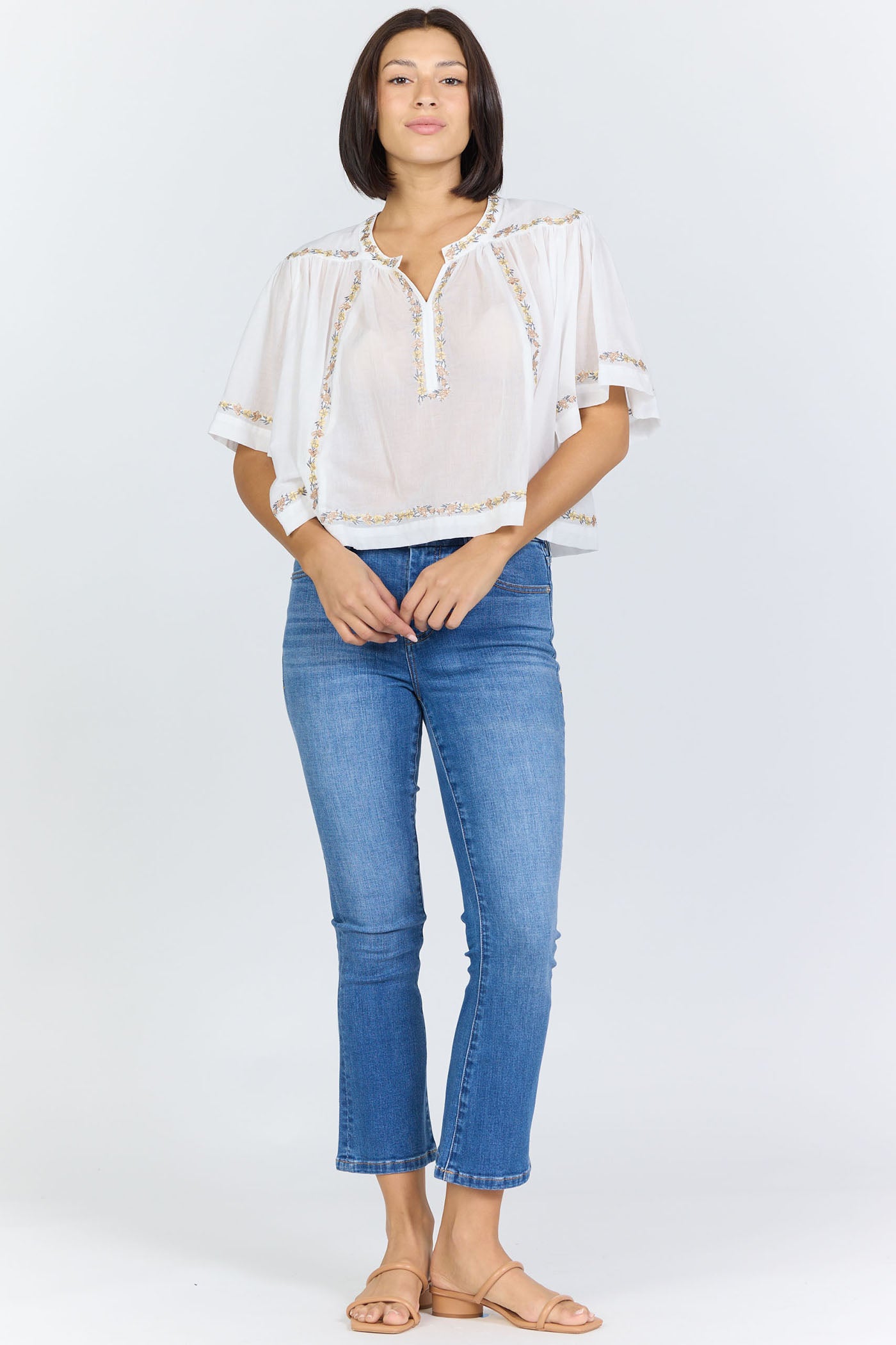Embroidered Split-Neck Peasant Top