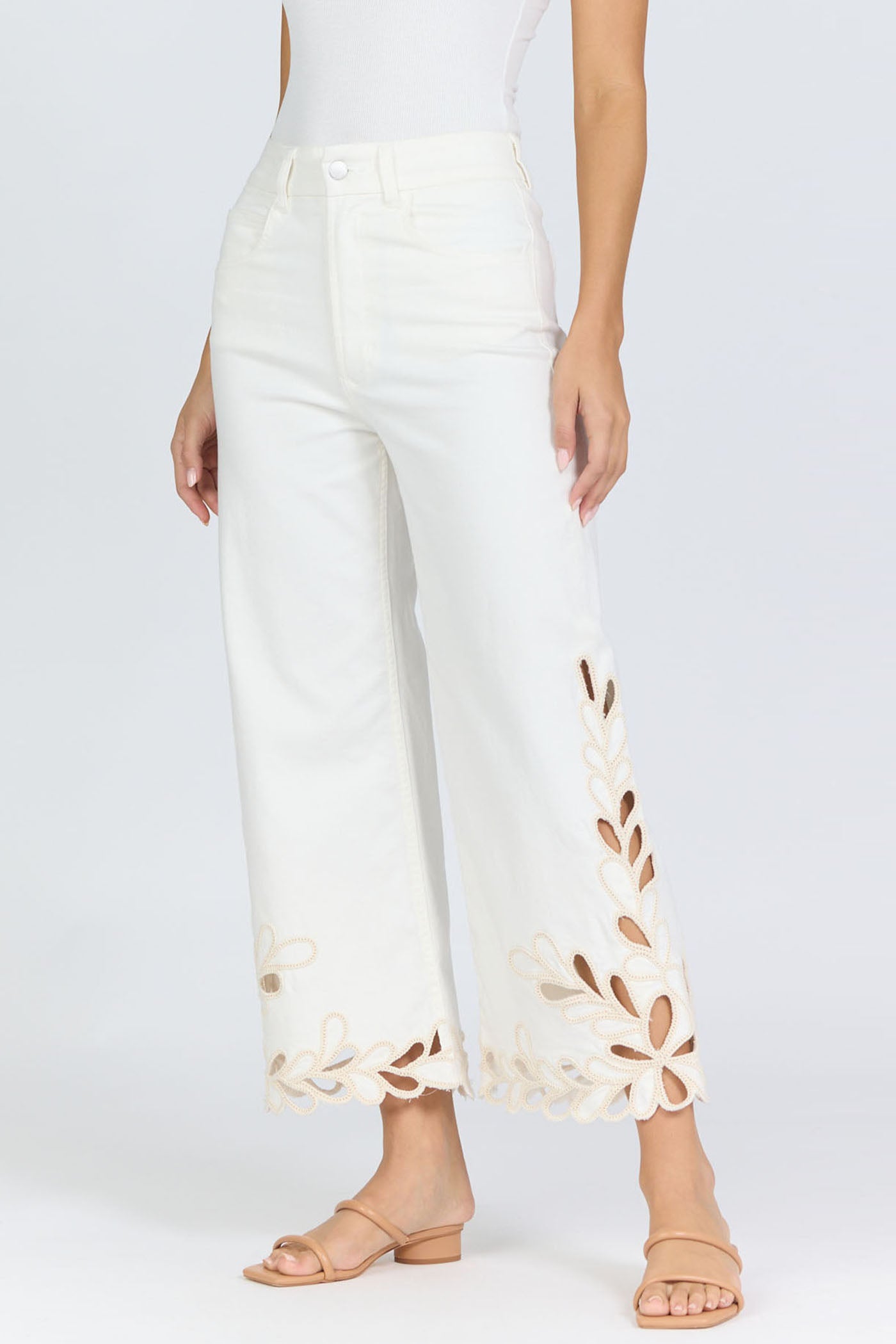 Side view of a woman wearing high-rise white wide-leg cropped jeans with an intricate floral laser-cut scalloped hemline and tan slide sandals.