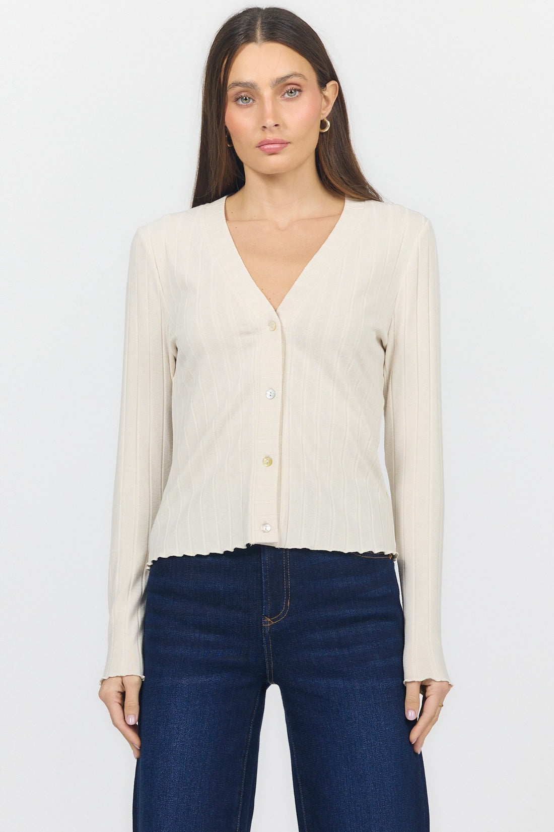 Ribbed Holland Button-Front V-Neck Top