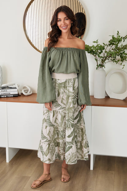 Hawaiian Print Tiered Linen Maxi Skirt