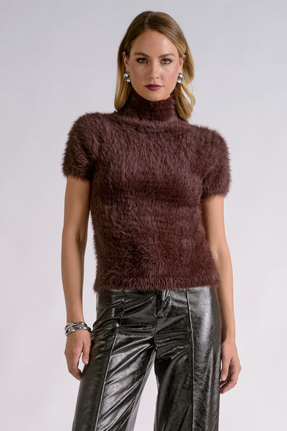 Fur Short-Sleeve Turtleneck Sweater