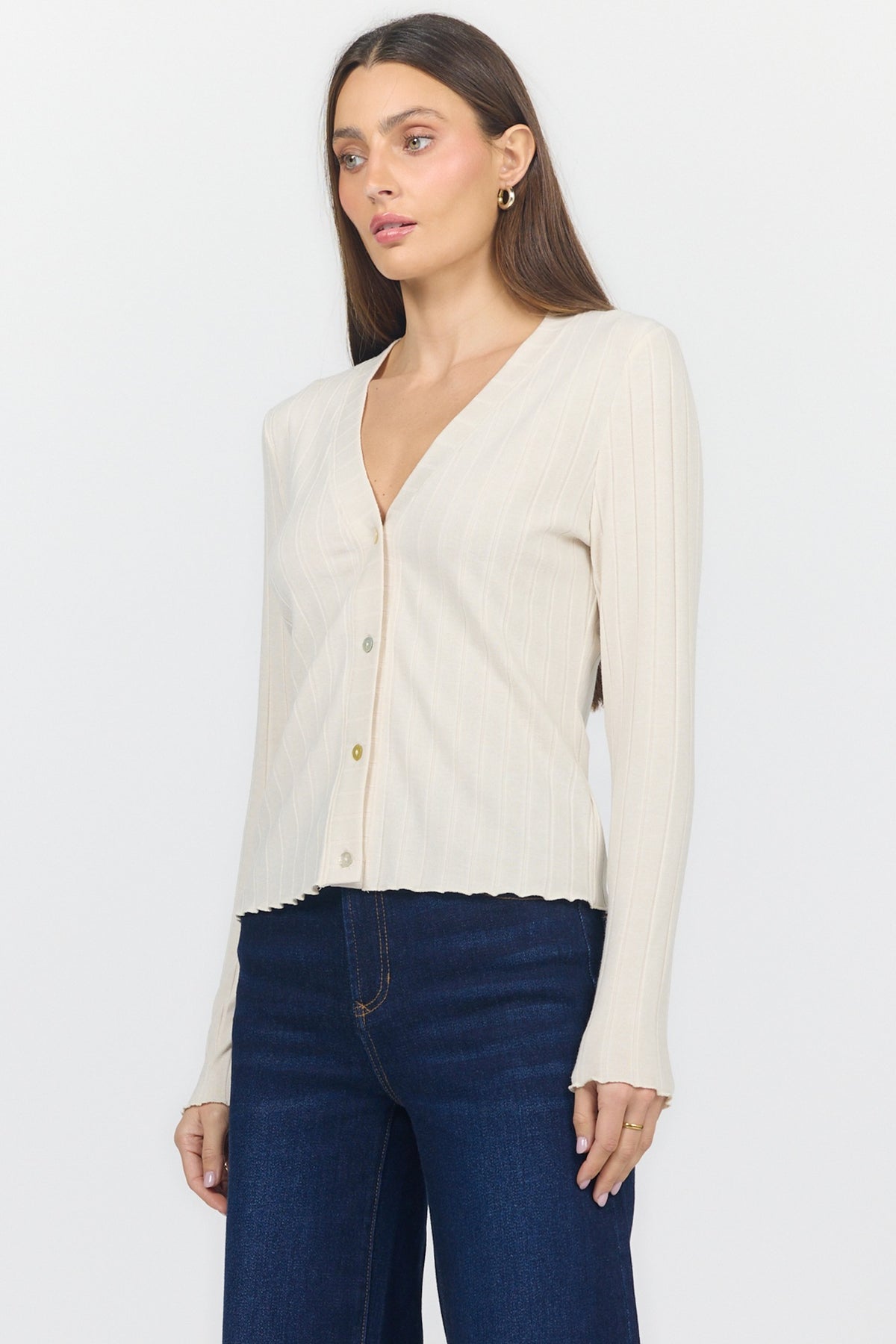 Ribbed Holland Button-Front V-Neck Top