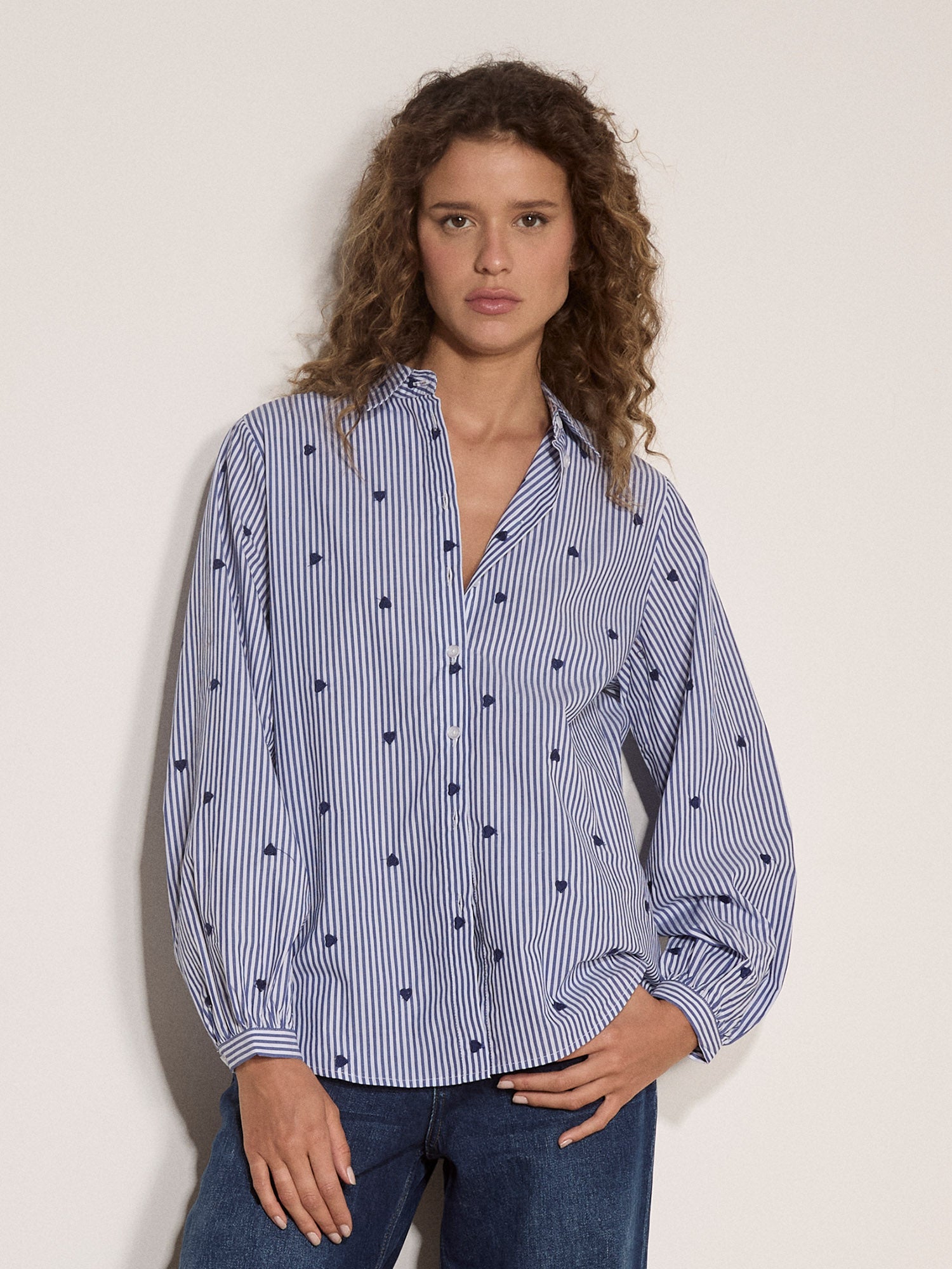 Embroidered Hearts Stripe Shirt