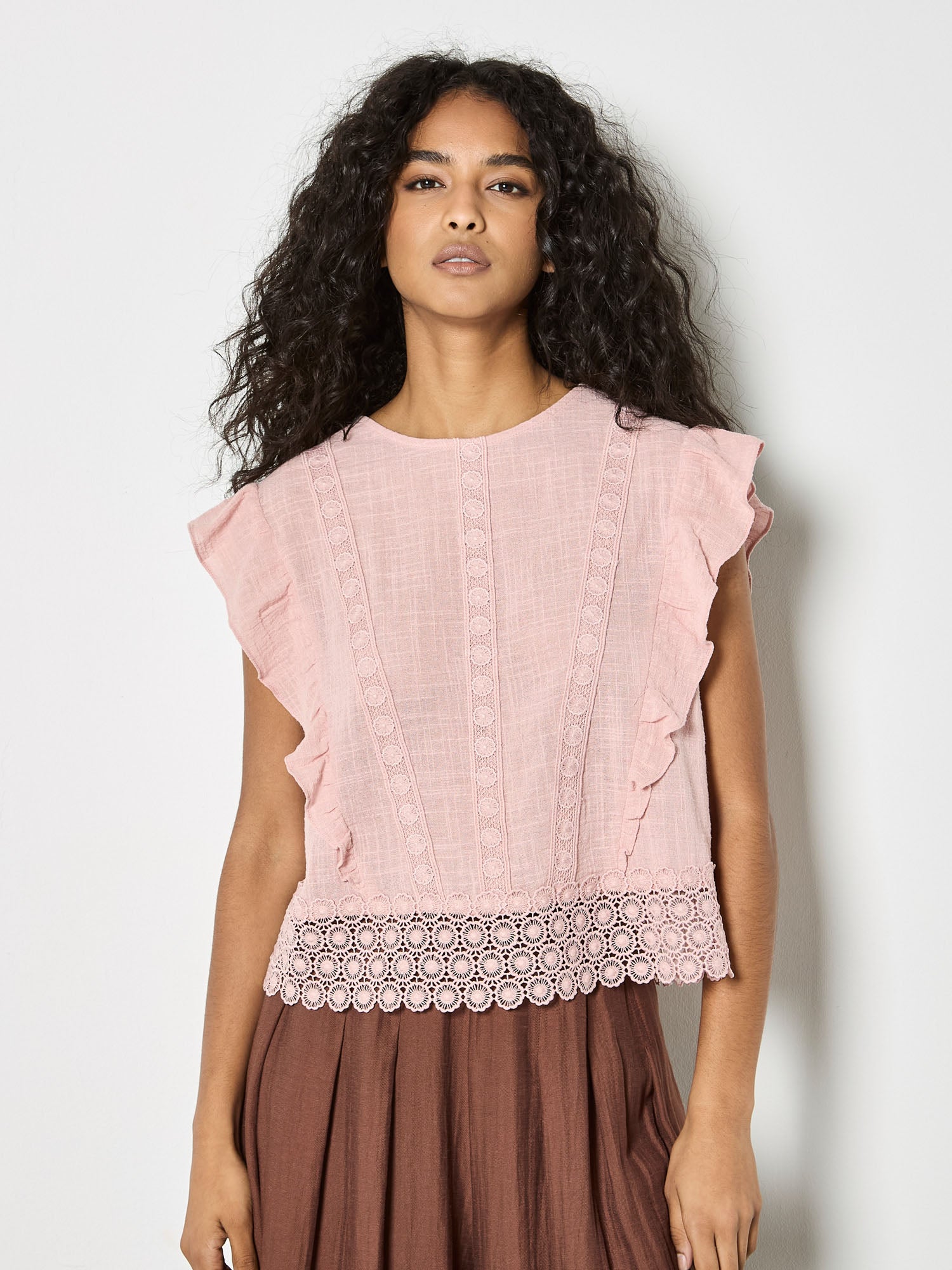 Dusty Pink Lace Trim Frill Edge Top